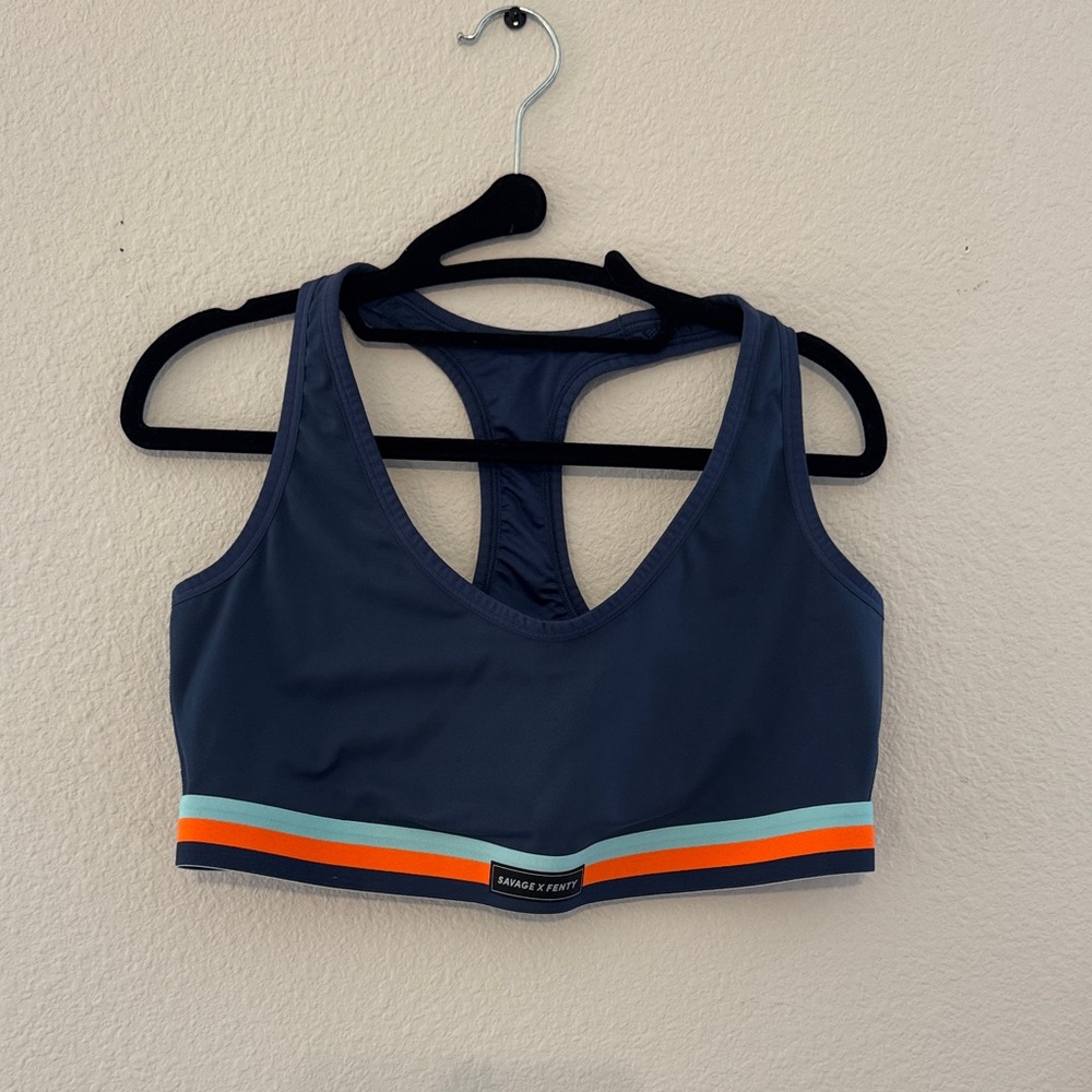 Savage X Fenty Navy Sports Bra with Orange and Light Blue Stripes